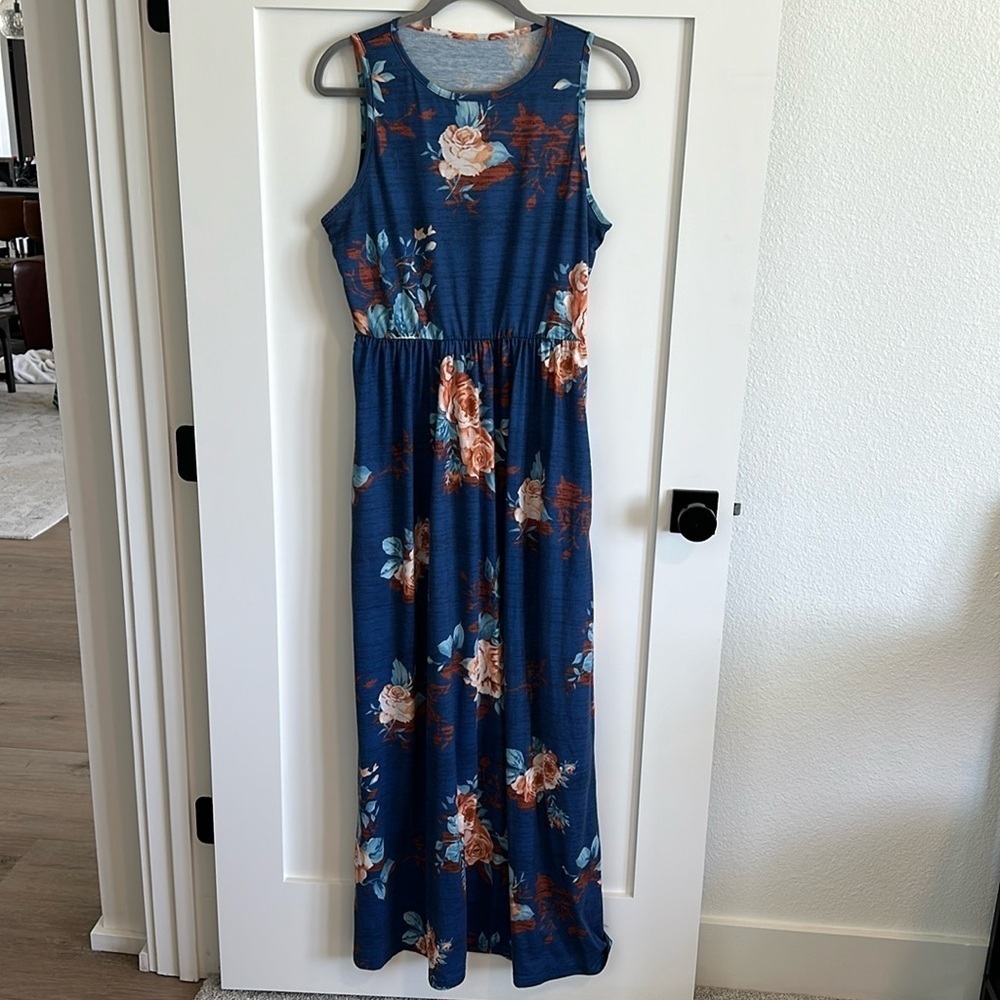 Boutique Women's M Sleeveless Blouson Maxi Dress Blue Multicolored Floral Boho